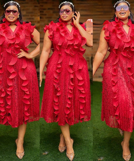 Red Dramatic Ruffle Pleated Fit & Flare Twirl Skater Midi Lace Dress: Summer Wedding Guest Graduation Dinner Birthday Cocktail Party Reception
