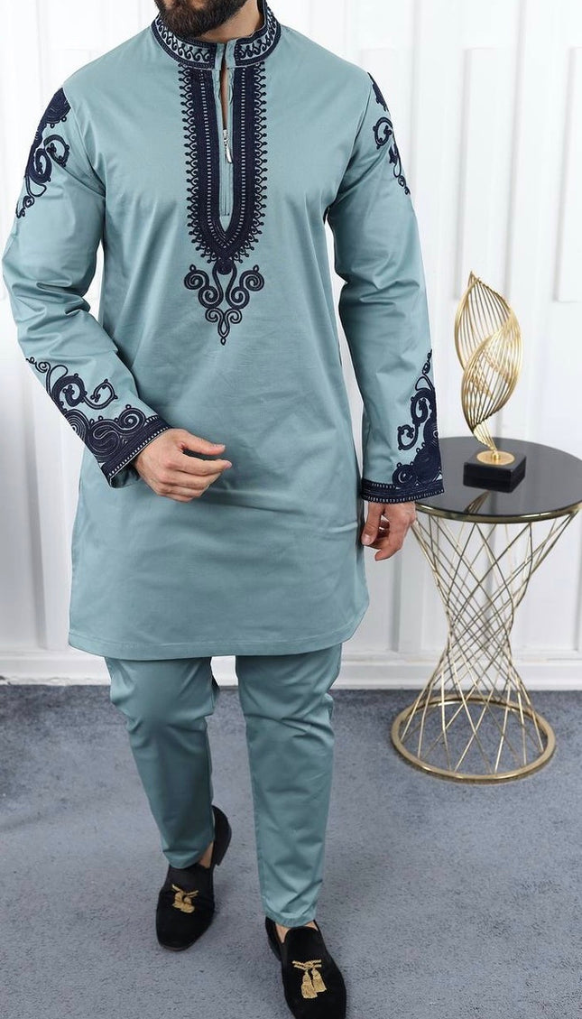 African Men's Clothing Matching Embroidered Shirt Pants Cotton | 7 Colors