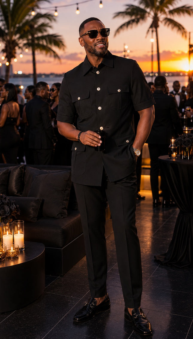 Men's Black Party Outfit Matching Stretch Cotton Top & Pants 2-Piece Set for Wedding Guest Birthday Photoshoot Graduation Church Anniversary