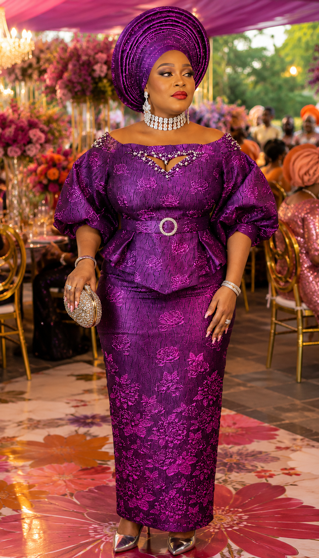 Purple Brocade Off-The-Shoulder Rhinestone Peplum Top & Skirt Set  - Wedding Guest Birthday Celebrant Cocktail Reception Mother of The Bride Outfit