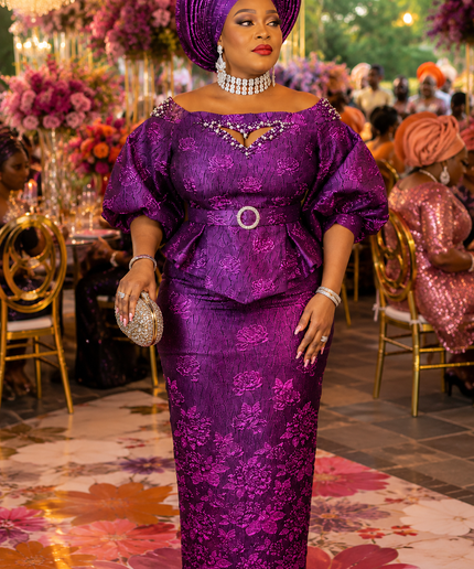Purple Brocade Off-The-Shoulder Rhinestone Peplum Top & Skirt Set  - Wedding Guest Birthday Celebrant Cocktail Reception Mother of The Bride Outfit