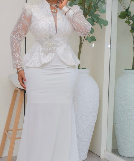 Classy Pink Sequin Peplum 2-Piece Maxi Skirt Set, Formal Evening Gown Floor Length: Summer Wedding Guest Birthday Party Mother of The Bride