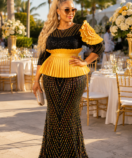 Luxury Black & Gold Sequin Embellished Maxi Dress for Birthday Party Wedding Guest Mother of The Bride Formal Evening Gown