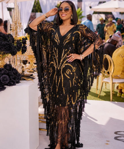 Dramatic Black Sequin Hand-Embellished Tassel Poncho Kaftan Dress for Wedding Guest Birthday Cocktail Dinner Party Black Tie Attire