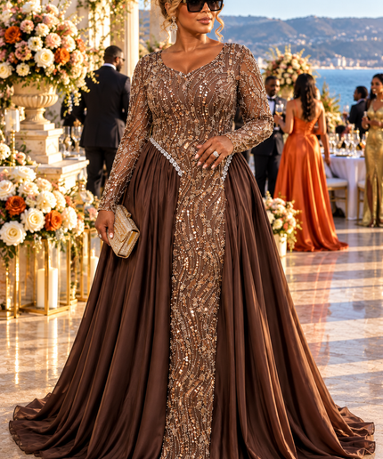 "Watch Me Walk In" Beige Sequin Beaded Draped Maxi Dress Wedding Guest Mother of The Bride Cocktail Reception Celebrant Birthday Party Formal Evening Gown Plus Size