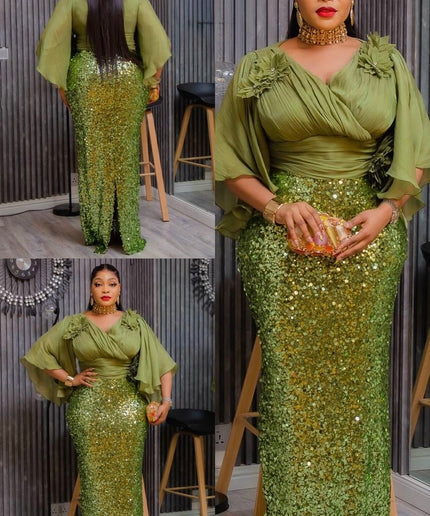 "Golden Hour Glam" Sequin Flare Sleeve Floral Maxi Dress for Mother of The Groom Bridal Photoshoot Formal Evening Gown Special Occasion Plus Size