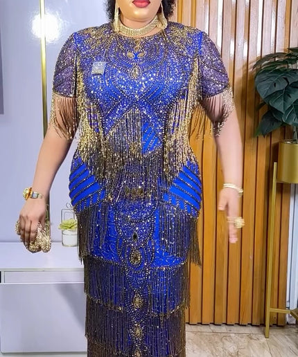 Metallic Gold Fringe Crystal Beaded Maxi Dress | Bridal Evening Gown Wedding Guest Birthday Party Mother of The Bride Graduation