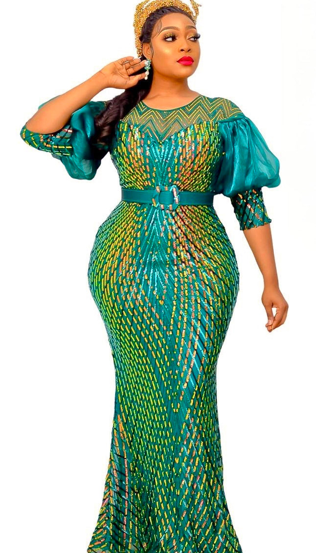 Sparkly White Sequin Mother of The Bride Mermaid Gown, Puff Sleeve Wedding Guest Dress Gala Birthday Party Cocktail