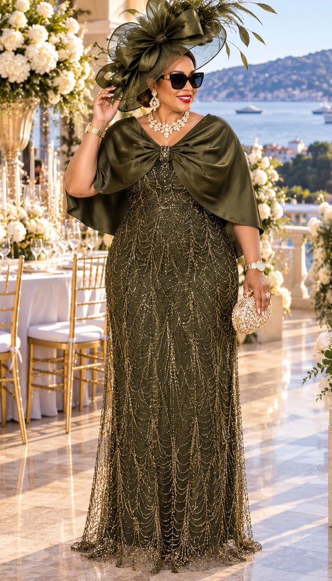 "Church To Cocktail" Beige Beaded Embellished Bow-Knot Capelet Mermaid Evening Dress for Mother of The Groom Wedding Guest Cocktail Reception Plus Size