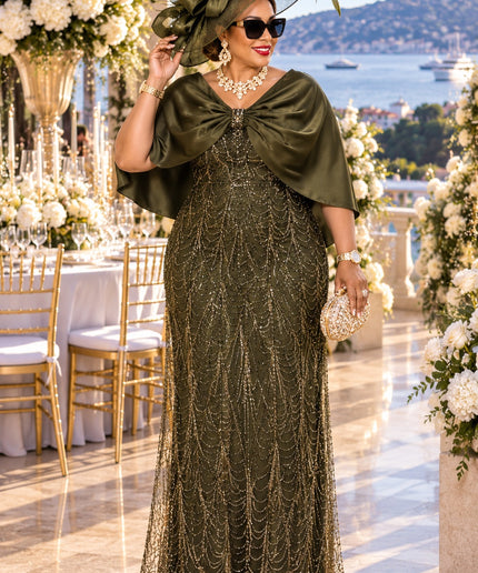 "Church To Cocktail" Beige Beaded Embellished Bow-Knot Capelet Mermaid Evening Dress for Mother of The Groom Wedding Guest Cocktail Reception Plus Size