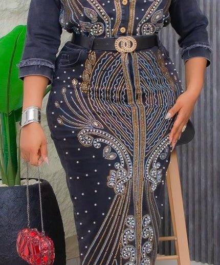 Denim on Denim Embellished Shirt and Skirt Party Outfit, Matching 2 Piece Set, Cotton Stretch Jeans Hot Gyal Curvy Fashion Birthday Ladies Night Date Dance Concert Casual Wear