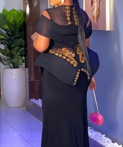 Dramatic Shoulder Embellished Peplum Maxi Dress: Wedding Guest Attire Mother of The Bride Graduation Party