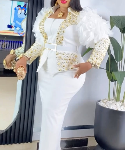 Dramatic Ruffle Sleeve Embellished Top and Skirt