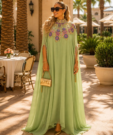 "Talk of The Party" Crystal Beaded Hand-Embellished Chiffon Kaftan Dress with Arm Tassels, Floor-Length Formal Evening Gown for Birthday Party Dinner Wedding Guest Mother of The Bride Gala Holiday Cocktail Reception