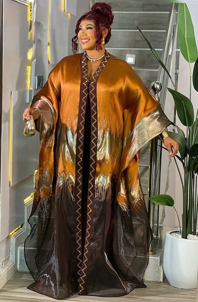 Fabulous Golden Brocade Rhinestone Kaftan Maxi Dress, African Bubu Wedding Attire Mother of The Bride Engagement Ceremony Church Gala Anniversary Birthday Party 2-Piece Outfit