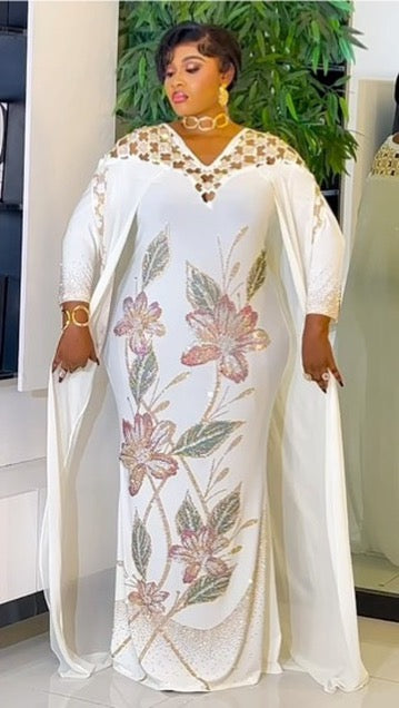White Embellished Cape Maxi Dress for African Wedding Guest Anniversary Nigerian Engagement Ceremony Mother of The Bride