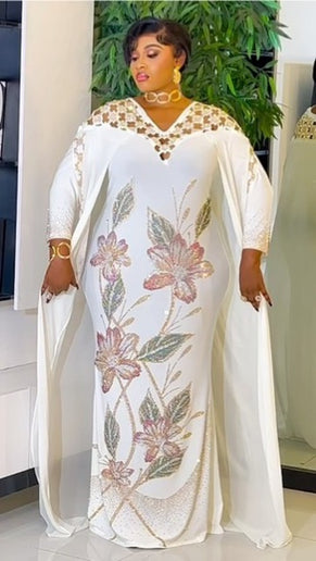 White Embellished Cape Maxi Dress for African Wedding Guest Anniversary Nigerian Engagement Ceremony Mother of The Bride