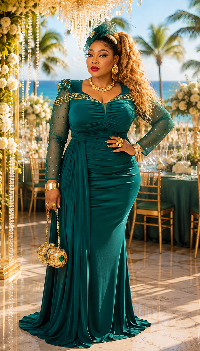 Green Rhinestone Embellished Stretch Ruched Draped Maxi Dress: Wedding Guest Birthday Cocktail Reception Party Black Tie Attire Turkey Formal Evening Gown