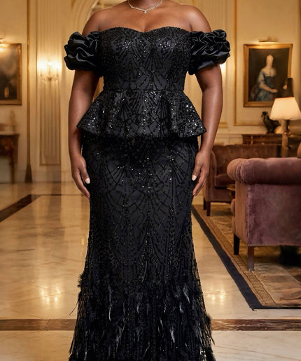 Dramatic Off-The-Shoulder Sequin Embellished Feathered Peplum Dress: Birthday Party Mother of The Bride Wedding