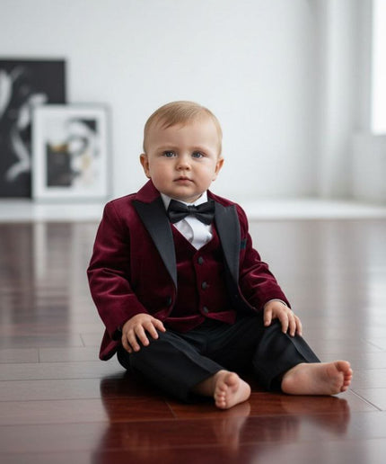 Baby Boys' White Velvet Shawl Lapel Tuxedo Suit, Bow Tie 5-Piece Set: Wedding Ring Bearer Baptism Birthday Party Graduation Photoshoot