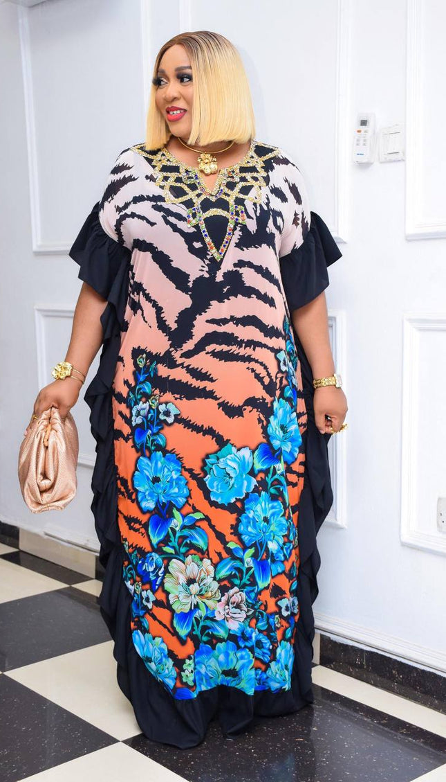 Ruffled Kaftan Maxi Dress with Rhinestones Curvy Plus Size Party Women's Fashion | Baby Shower Birthday Weekend Wear Wedding Guest Reception