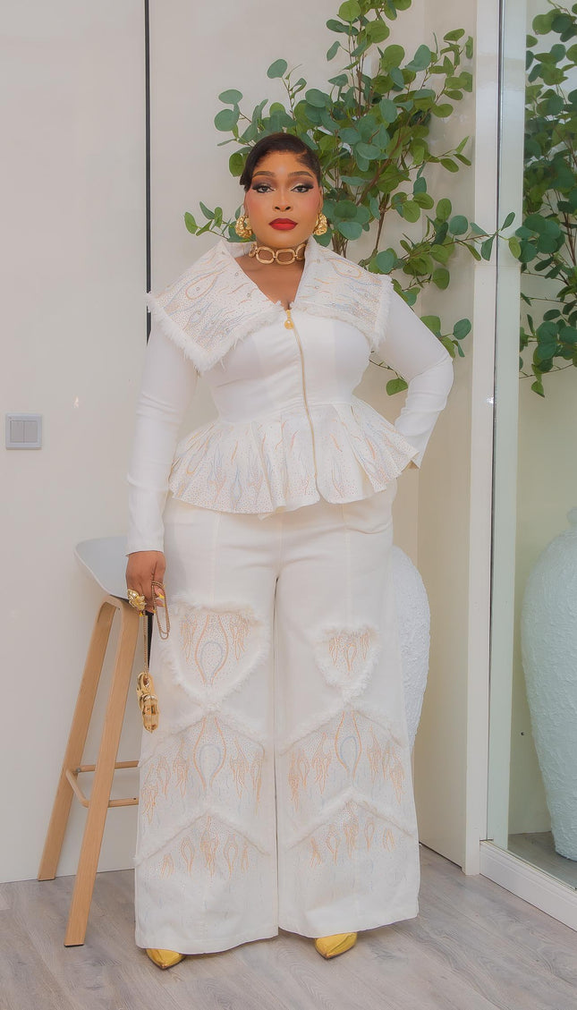 Orange Denim & Diamonds 2-Piece Set, Curvy Stretch Jeans Rhinestone Peplum Top + Wide-Leg Pants, Statement Birthday Outfit