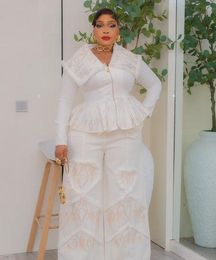 Denim & Diamonds 2-Piece Set, Matching Rhinestone Peplum Top + Wide-Leg Pants,  Glam Statement Birthday Outfit