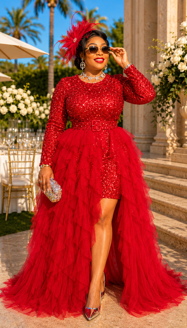 "The Compliment Collector" Red Sequin Wedding Guest Dress with Ruffle Tulle Overlay Formal Cocktail Party Mother of The Bride Celebrant Special Occasion Gown