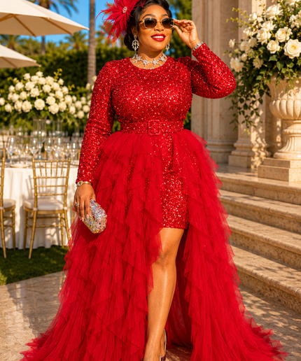 "The Compliment Collector" Red Sequin Wedding Guest Dress with Ruffle Tulle Overlay Formal Cocktail Party Mother of The Bride Celebrant Special Occasion Gown