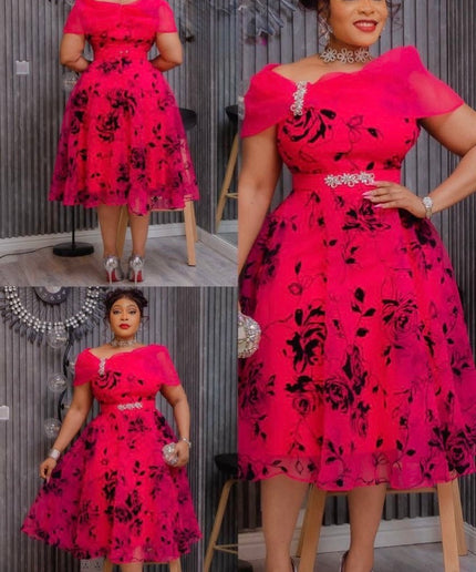 Red Off-Shoulder Rhinestone Embellished Twirl Skater Midi Dress Wedding Guest Cocktail Party Dinner Birthday Church Gala Anniversary