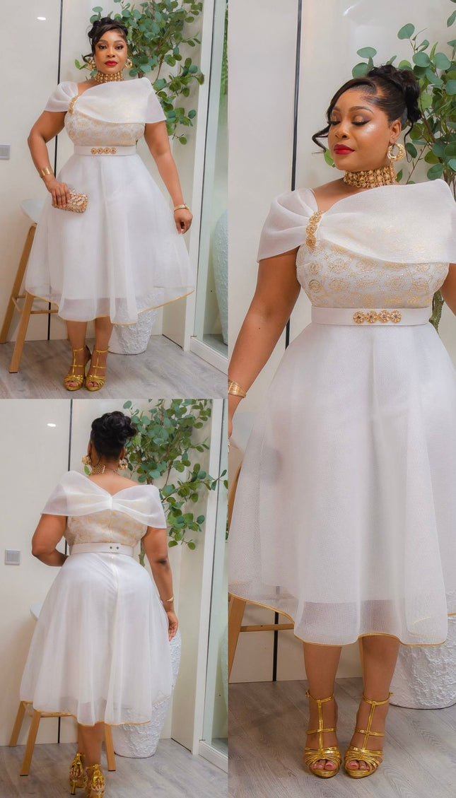 White Off-The-Shoulder Embellished Skater Midi Dress for Wedding Guest Birthday Party