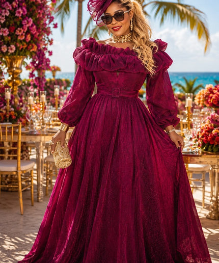 Blue Off-The-Shoulder Ruffle Puff Sleeve A-Line Dress for Mother of The Bride Wedding Guest Outfit Birthday Party Holiday Cocktail Reception