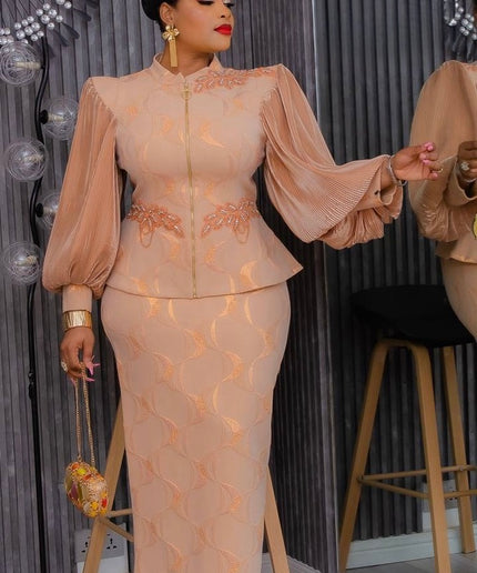 Classy Bishop Sleeve Brocade Appliquè Top & Skirt, 2-Piece Set: Wedding Guest Mother of The Bride Graduation