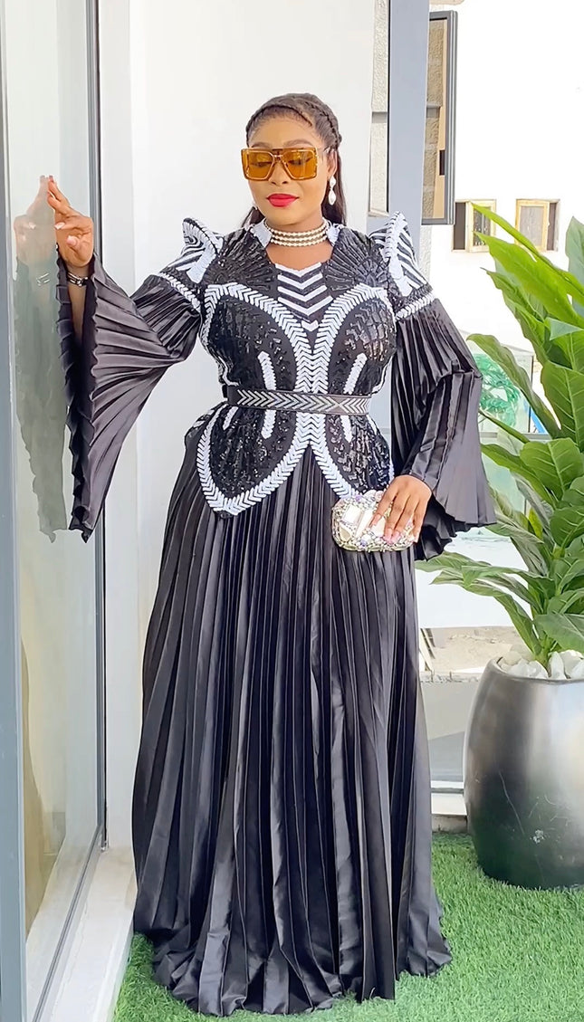 Sequin Pointed Shoulder Pleated Maxi Dress | Wedding Guest Birthday Party Gala