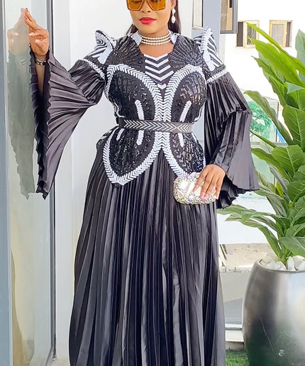 Sequin Pointed Shoulder Pleated Maxi Dress | Wedding Guest Birthday Party Gala
