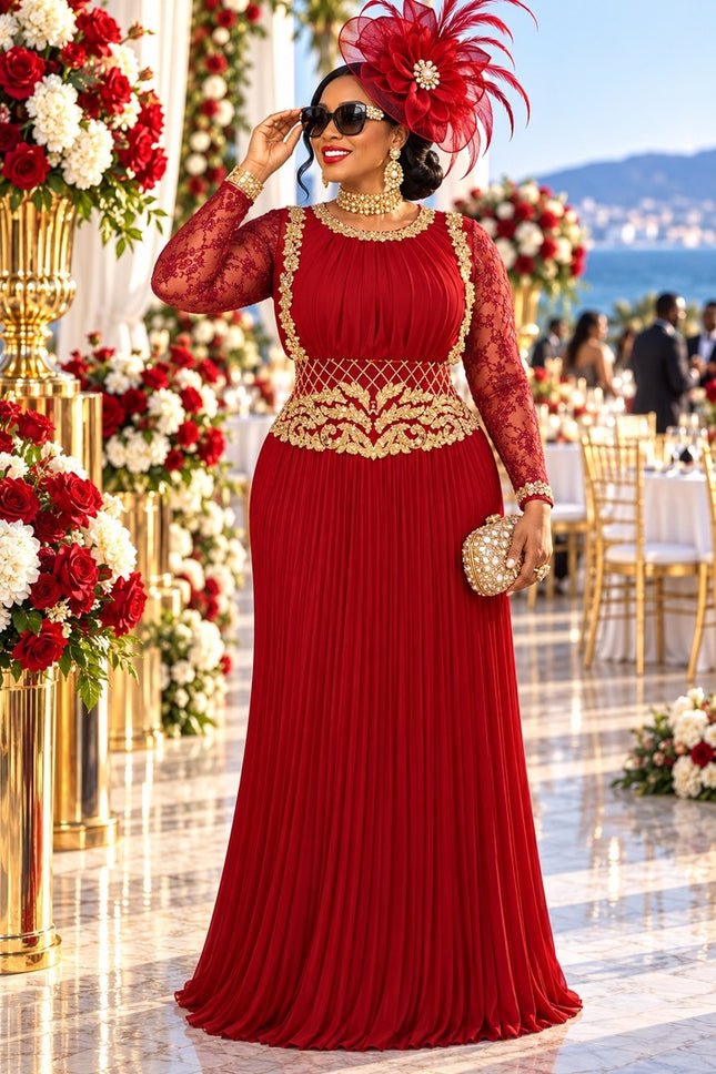 Glamorous White & Gold Lace Embellished Pleated Maxi Dress for Naming Ceremony Engagement Dinner Holiday Cocktail Reception Church Anniversary Wedding Guest Birthday Party Outfit