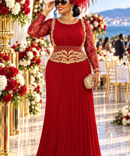 Red Lace and Pleated Maxi Dress with Gold Embroidery Accent for Holiday Cocktail Reception Wedding Guest Birthday Party Outfit