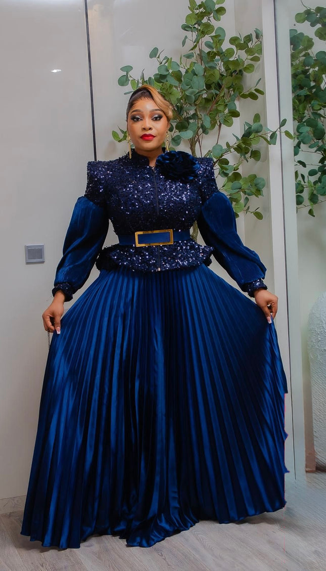 Gold Sequin Bishop Sleeve Peplum Top and Pleated A-Line Skirt Set for Mother of The Bride Wedding Guest Birthday Party Dinner Photoshoot