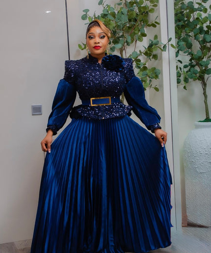 Gold Sequin Bishop Sleeve Peplum Top and Pleated A-Line Skirt Set for Mother of The Bride Wedding Guest Birthday Party Dinner Photoshoot