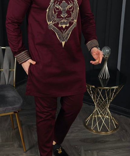 African Men's Outfit Embellished Embroidered Shirt Pants Cotton
