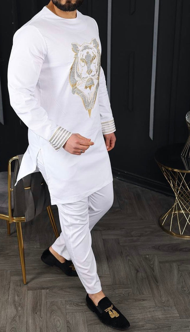 African Men's Outfit Embellished Embroidered Shirt Pants Cotton