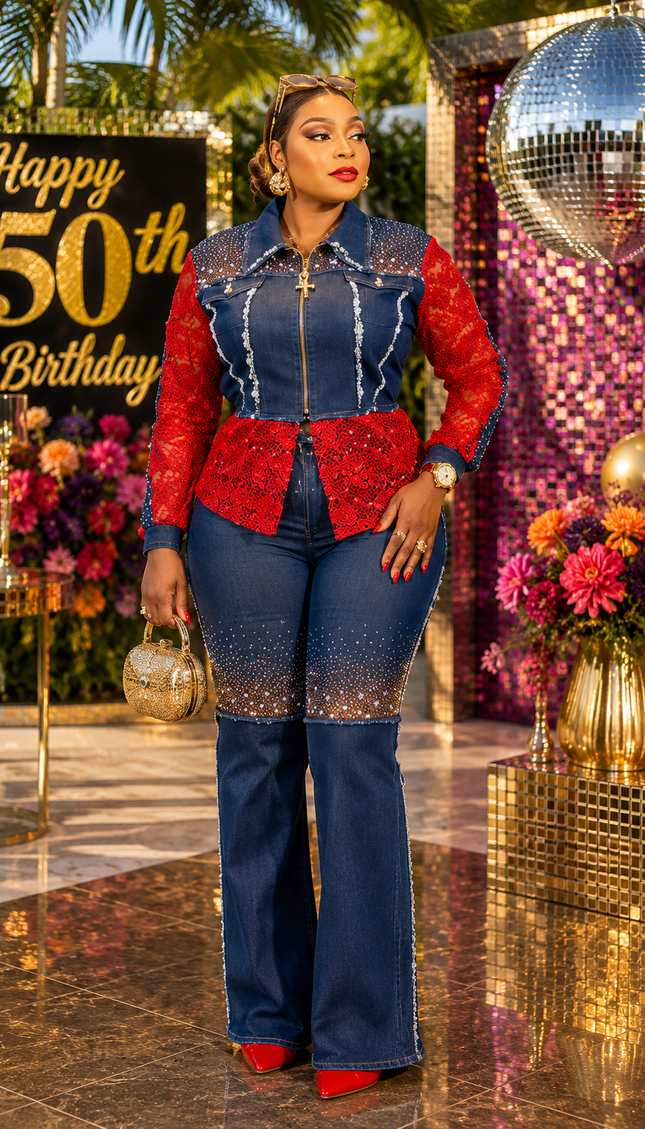 Luxury White Rhinestone Embellished Denim, Diamonds & Lace 2-Piece Set, Birthday Dinner Photoshoot Going-Out Weekend Get-Together Party Top & Pants Outfit Women's Plus Size Stretch Jeans
