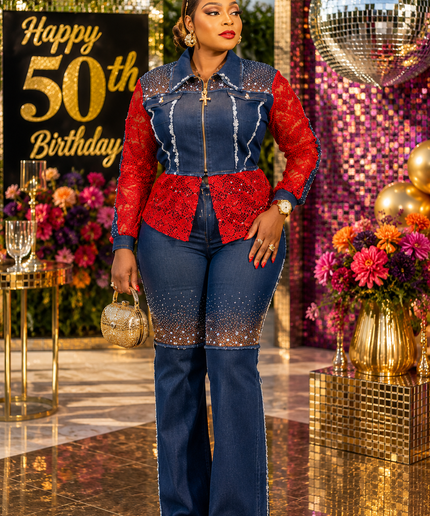 Luxury Gold Rhinestone Embellished Denim, Diamonds & Lace 2-Piece Set, Birthday Dinner Photoshoot Weekend Get-Together Party Top & Pants Outfit Women's Plus Size Stretch Jeans