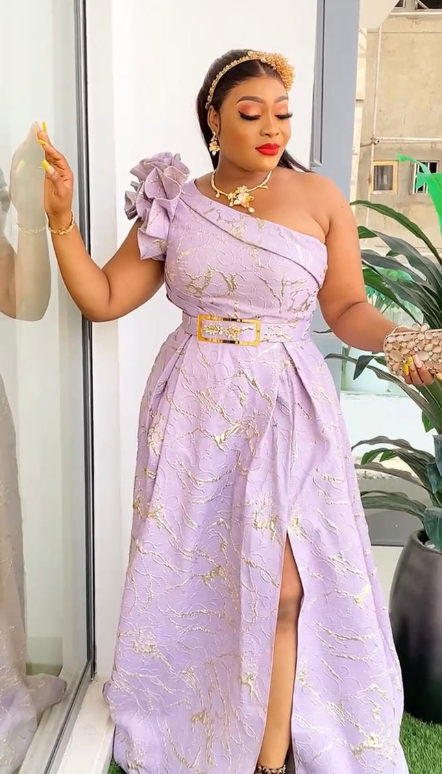 One Shoulder Brocade A-Line Gown with 3D Flower  - Wedding Guest Dress Mother of The Bride Photoshoot