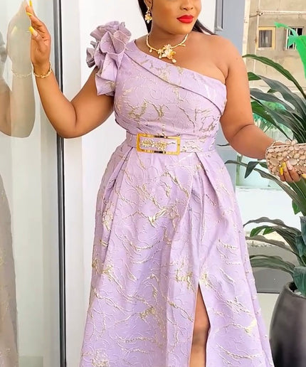 One Shoulder Brocade A-Line Gown with 3D Flower  - Wedding Guest Dress Mother of The Bride Photoshoot