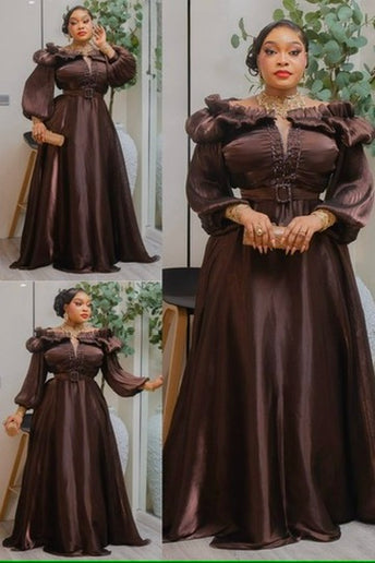 Brown Off-The-Shoulder Twirl A-Line Dress, Formal Evening Gown for Mother of The Bride Wedding Guest Birthday Party Outfit