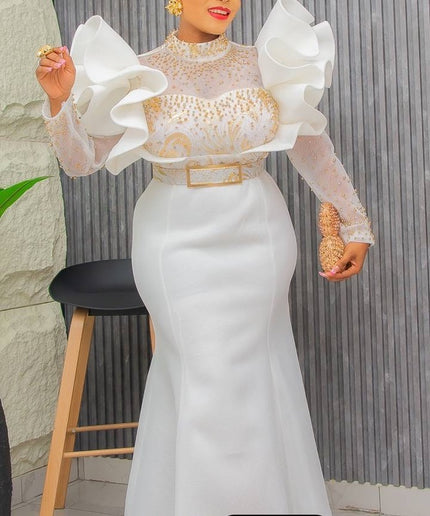 Dramatic Sleeve Embellished Evening Gown| Wedding Guest Bridal Mother of The Bride Birthday Party