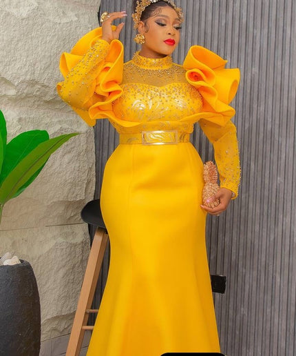 Dramatic Sleeve Embellished Evening Gown| Wedding Guest Bridal Mother of The Bride Birthday Party