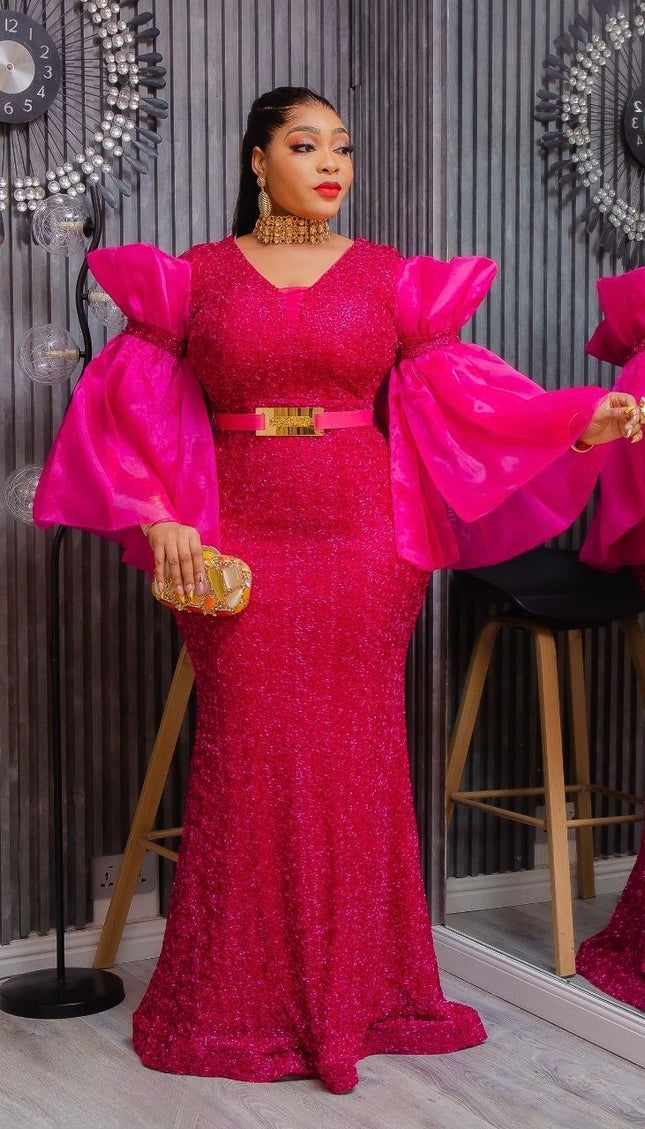 Dramatic Sleeve Pink Mermaid Dress Formal Evening Gown Wedding Guest Mother of The Bride