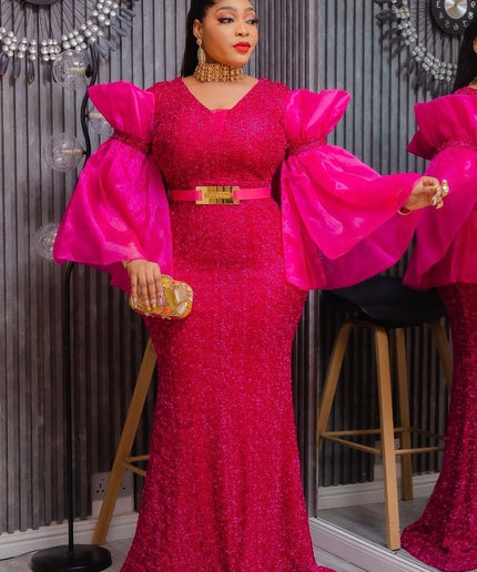 Dramatic Sleeve Pink Mermaid Dress Formal Evening Gown Wedding Guest Mother of The Bride